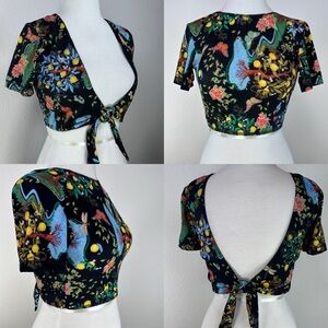 NWOT Free People HAH All Tied Up Swim Top Tie Closure Black Floral Lemon Tree Sm